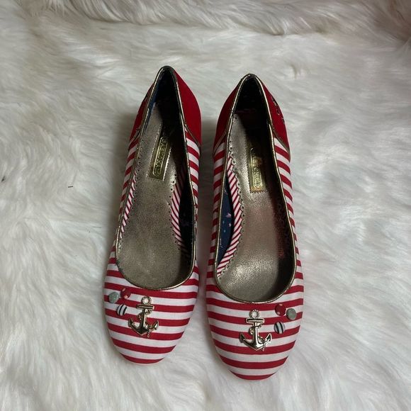 Babycham Rochelle Anchor red white and blue black heels slip on shoes size 6 - Picture 2 of 11